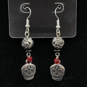 Handmade Sugar Skull & Rose with Black & Red Glass Bead Earrings by Neanie-Bot